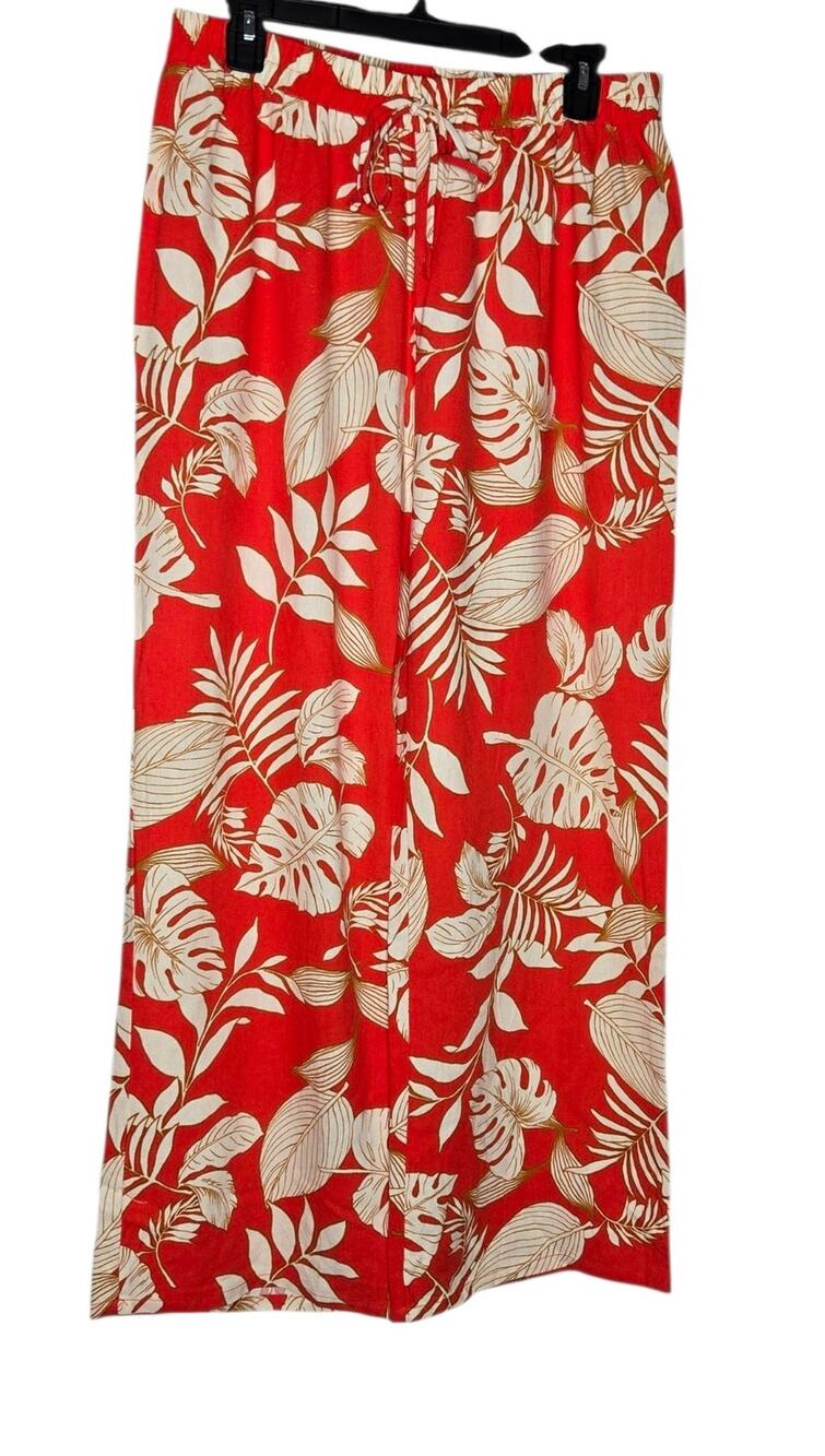 Monteau Coral & White Leaf Print Tropical Wide Leg Pants Women's XL